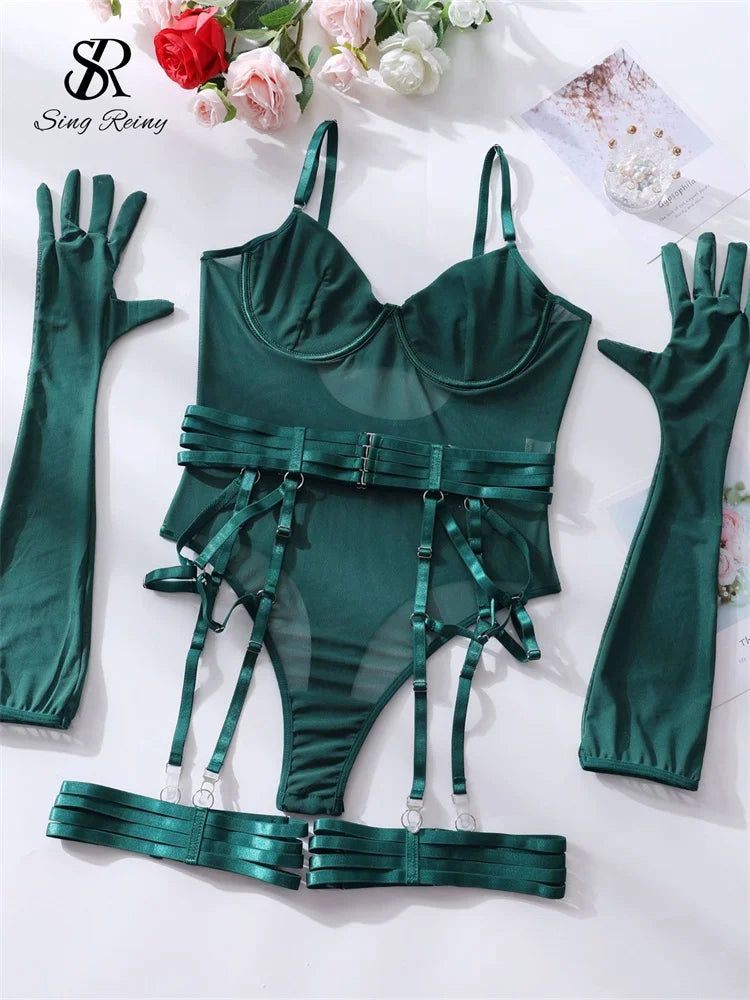 SINGREINY Sensual Sheath Solid Lingerie Rompers Fashion Oversleeve Strapless Slim Playsuits Women Sheer Mesh Sexy Bodysuits