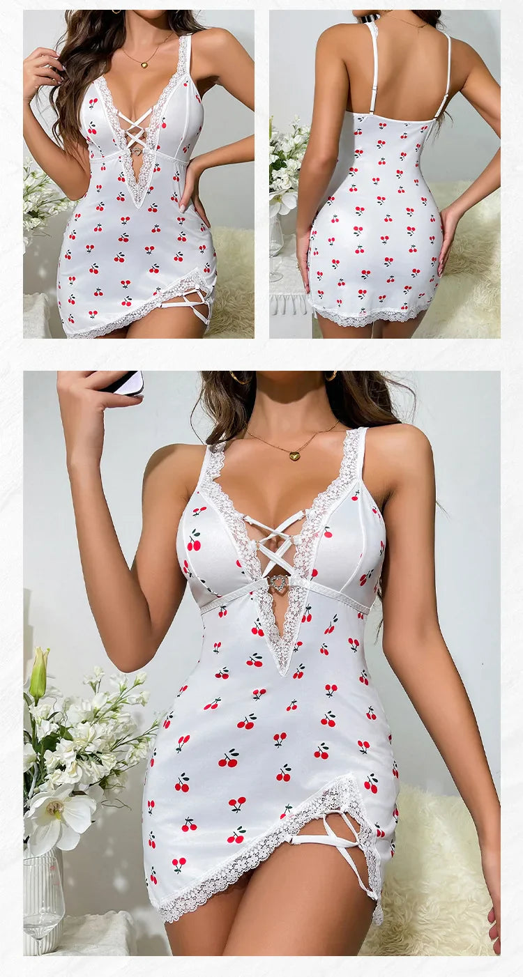 Sexy Cherry Print Nightgown Women's Lace Trim Lingerie Criss Cross Cami Mini Dress Cute Bodycon Chemise Trendy Nightwear New