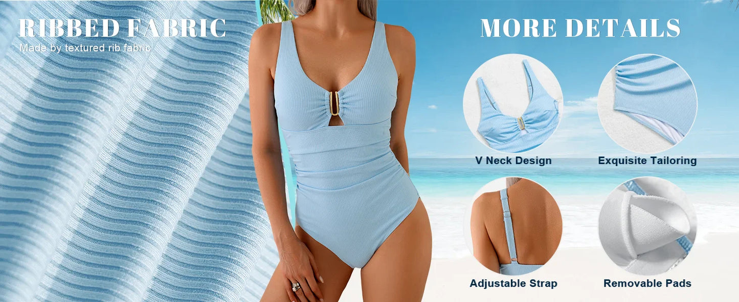 B2prity Women's One Piece Swimsuits Tummy Control Front Cross Bathing Suits Tie Back Slimming V Neck Swimwear