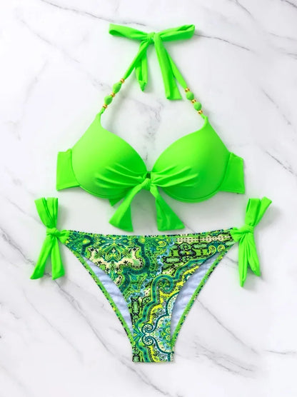 2024 New Print 2-piece Swimsuit for Women,hard Cup Suspender Push Up Bikini Set,summer Beach Vacation Backless Bathing Suit