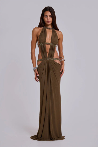 Women Sexy Hollow Out Sequin Halter Maxi Dresses Fashion Pleated Backless Sleeveless Slim Dress Chic New Lady Evening Party Gown