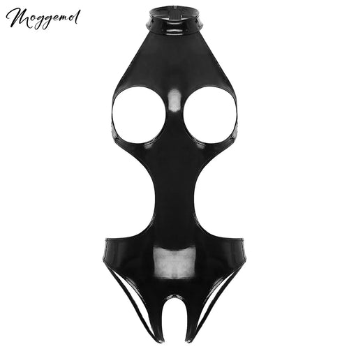 Womens Wet Look Faux Leather Hollow Out Open Breast Leotard Bodysuit Halter Neck Crotchless Jumpsuit Lingerie Teddy Nightwear