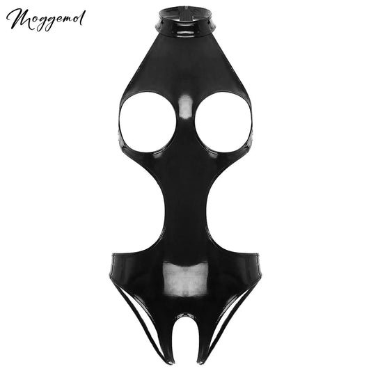 Womens Wet Look Faux Leather Hollow Out Open Breast Leotard Bodysuit Halter Neck Crotchless Jumpsuit Lingerie Teddy Nightwear