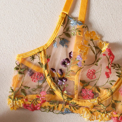 Sexy Women's Lace Lingerie 3Pcs Sets Fancy Flowers Embroidery Transparent Bras And Thongs Underwear Set Erotic Intimate Suits ﻿