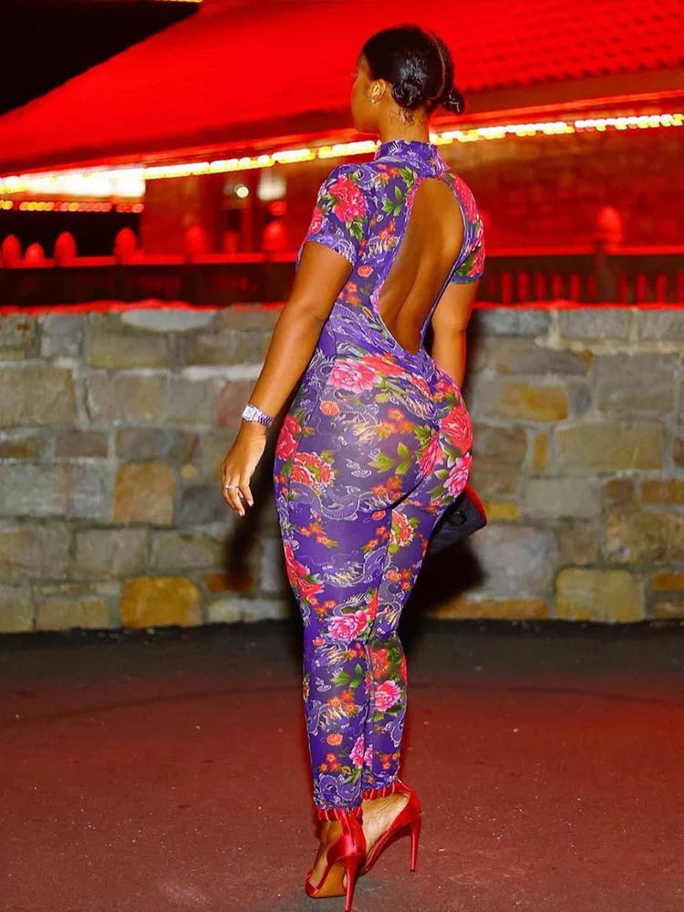 kliou Aesthetic Printed Women Jumpsuits Fashion Sexy Panelled Short Sleeve Backless Stand Collar Slim Overalls Mujer Clubwear
