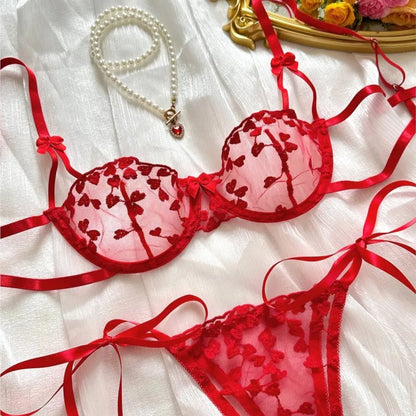 Exotic Fantasy Lingerie Underwire Bra Strap Panties 2Piece Sheer Mesh Embroidery Underwear for Women
