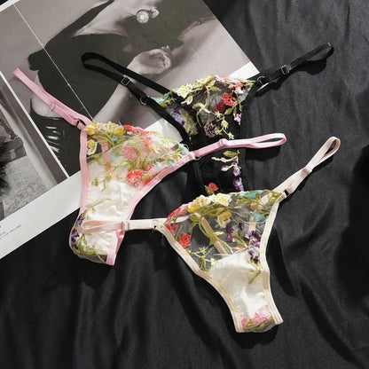 Floral Embroidery Lace Bras Set Women Sheer 2-Piece Sexy Bra + Panties Lingerie Fashion Underwear Set Intimates
