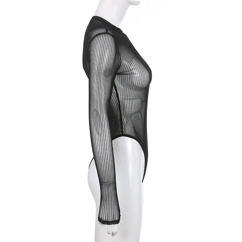 See Through Bodysuit Backless Hollow Out Transparent Club Jumpsuits Women Solid Black Tee Summer Elegant Sexy Streetwear
