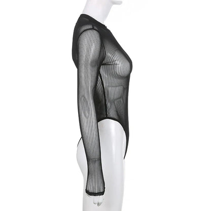 See Through Bodysuit Backless Hollow Out Transparent Club Jumpsuits Women Solid Black Tee Summer Elegant Sexy Streetwear