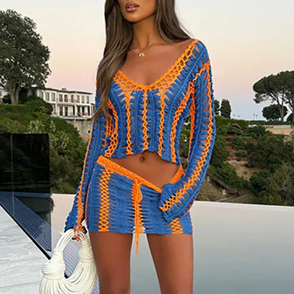 Spring Lady Casual High Waist Skirts Outfits Summer New Long Sleeve Sweater&Mini Skirts Sets Contrast Color Knitted 2 Piece Sets