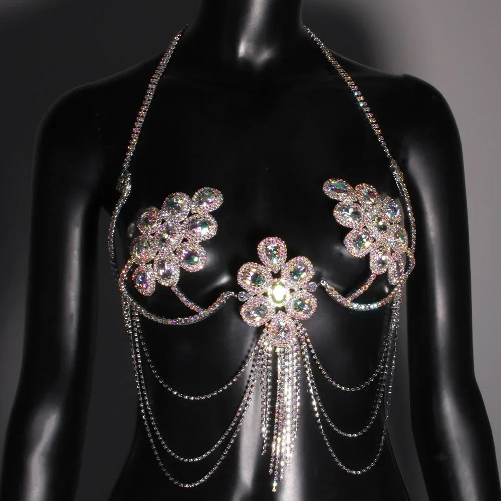 Colorful Rhinestone Flower Chest Bracket Top for Women Outfit Festival Lingerie Sexy Tassel Bra Chain Necklace Bikini Jewelry