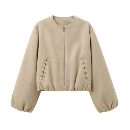 Ladies Fashion Autumn Winter Jacket Women Retro Round Neck Long Sleeve Elastic Hem Zipper Soft Bomber Jacket Women Coat Female