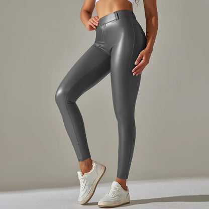 PU Leather Leggings Women Sexy Scrunch Butt Leggings Girls Faux Leather Pants High Waist Push Up Casual Leggings 6 Color