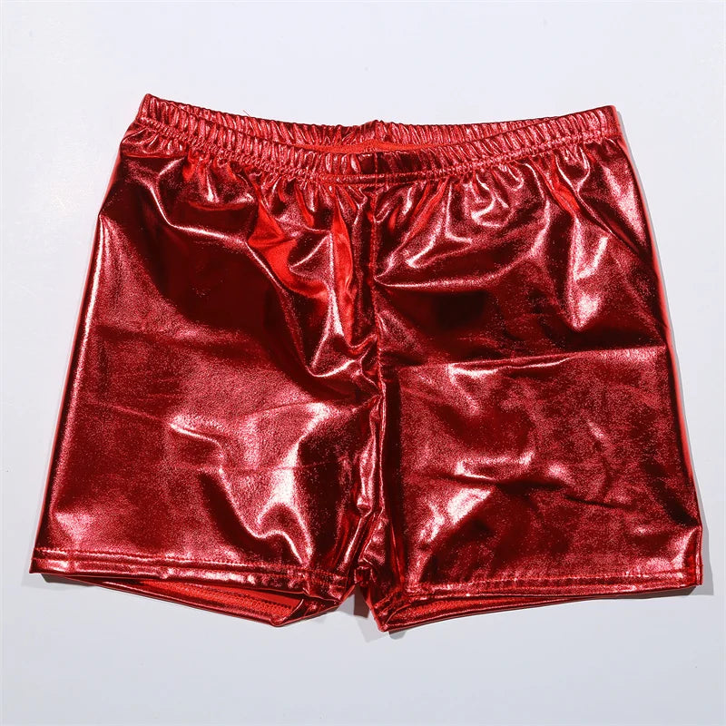 Women Yoga Shorts Silver Metallic Rave Booty Mid Waist Cheer Short PU Shiny Yoga Shorts Femme Fashion Sexy Clothes