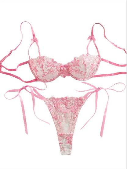 Floral Embroidery Transparent Mesh Bra Brief Sets Ultra Thin Straps Flowers Lace Sexy Lingerie Half Cup Woman Underwear 2025