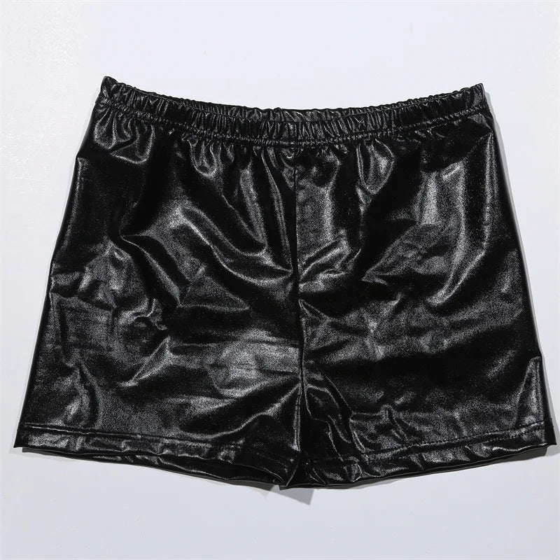 Women Yoga Shorts Silver Metallic Rave Booty Mid Waist Cheer Short PU Shiny Yoga Shorts Femme Fashion Sexy Clothes
