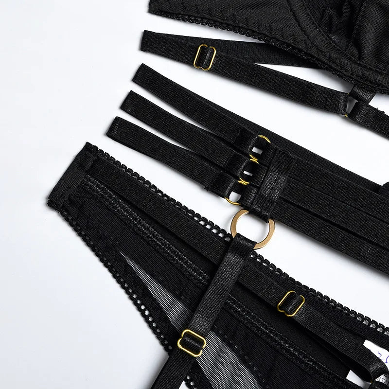 Yimunancy 3-Piece Black Bra Set Women Patchwork See Through Mesh Lingerie Set Ladies Sexy Panty Underwear Set