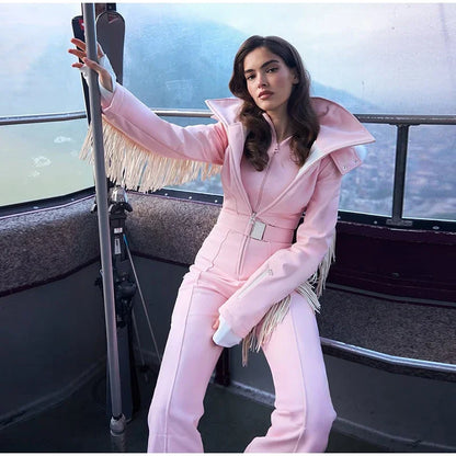 Casual Solid Tassels Women's Ski Suit Zippers Fur Hooded Slim High Waist Lady Jumpsuits 2025 Winter Fashion Female Warm Skiwear