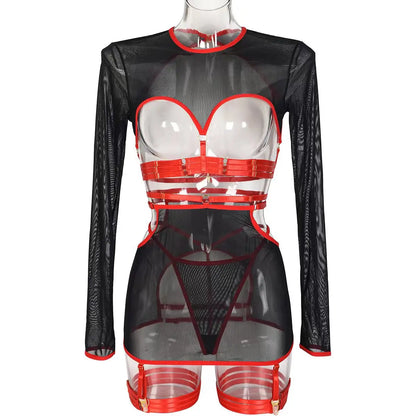 Diccvicc Long Sleeve Lingerie Sexy Sheer Mesh Porn Top Crotchless Skirt Naked Bandage Women Underwear Uncensored Erotic Costume