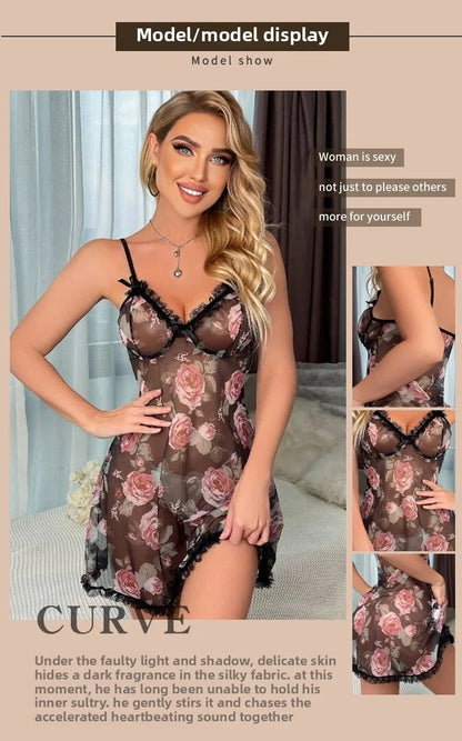 Women Floral Lace Chiffon Chemise Adjustable Straps Sleepwear Set Romantic Gift Sheer Nightwear Valentines Babydoll Black Trim U