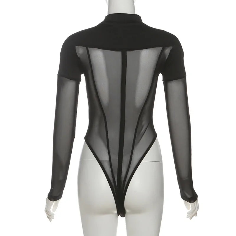 See Through Mesh Splicing Sexy Bodysuit Lingerie One-pieces Y2k Clothes Long Sleeve Body Feminino Hot Tops For Women Rave Outfit