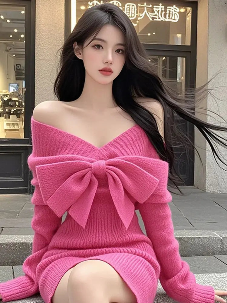 Elegant Party Dresses Rose Red V-neck Bow Long-sleeved Knitted Dress Autumn  Winter Waist-wrapped Short Sexy Dresses for Women