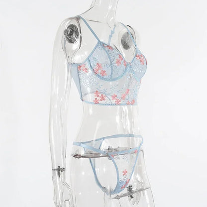 Lace Floral Embroidery See Through Bra and Panties Set for Women Underwear Sexy Lingerie Female 2 Pieces Bra Brief Sets