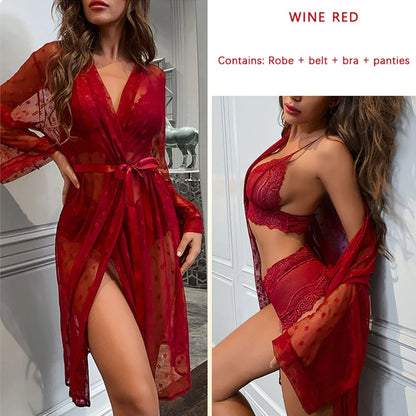 Women's Sexy Sheer Lace Robe+Lace Bra+Panty Lingerie Set See Through Kimono Lingerie Dress Lace Gown Sleepwear