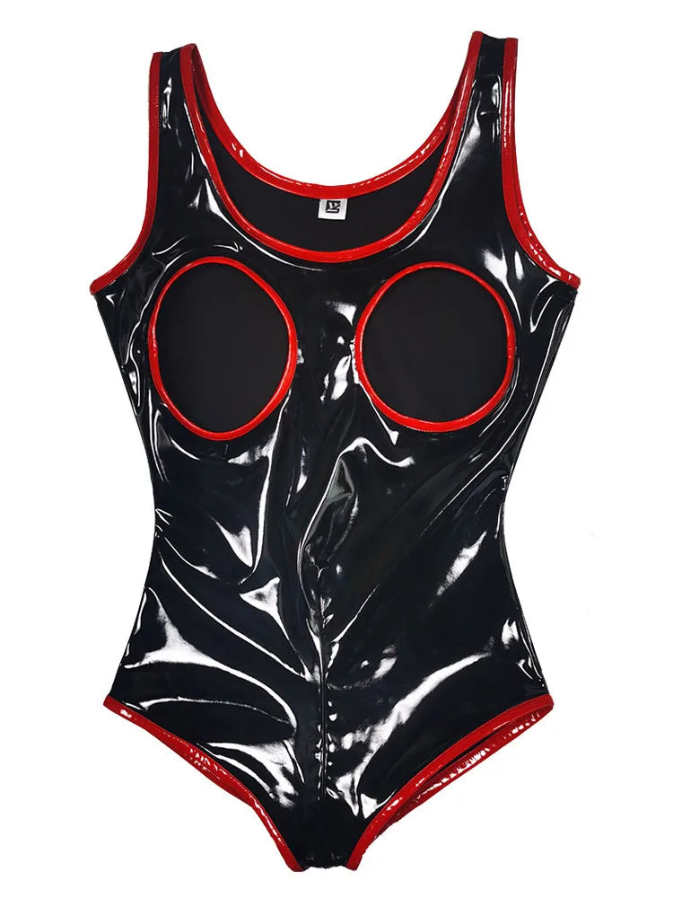 S-5XL Sleeveless Wet Look PVC Catsuit Shiny PU Leather Zipper Open Crotch Bodysuit Hollow Out Swimsuit Tights Sexy Body Teddies