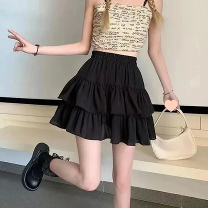 Pleated A-line Skirt White Women Ruffles Sweet Hottie Preppy Style Elastic Elastic Waist Slim Thin SimpleCasual Summer Wholesale