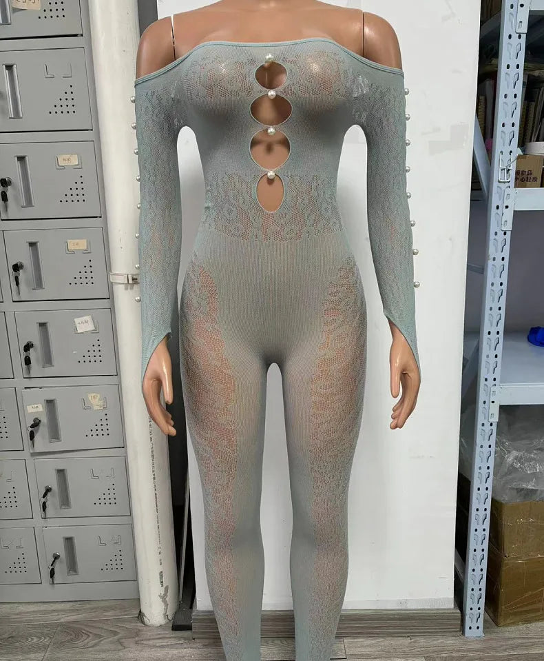 Viral Cheetah Bodysuit Pearl Embellished Mesh Lingerie Seductive Jacquard Catsuit for Women Flirtatious See Through Outfit