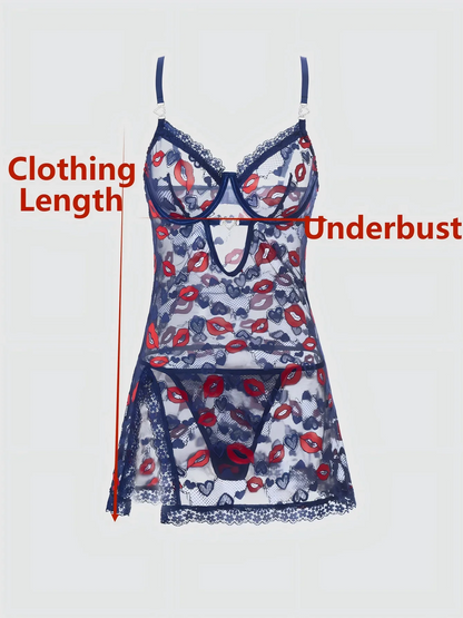 Sexy Red Lip Heart Mesh Nightgown Set Deep Blue Lace See-through Chemise Set Tempting Erotic Underwear Two-piece Set