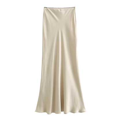 2024 Spring Women's Satin Bow-Decorated High-Waist A-Line Long Skirt - Vintage Chic Fashion
