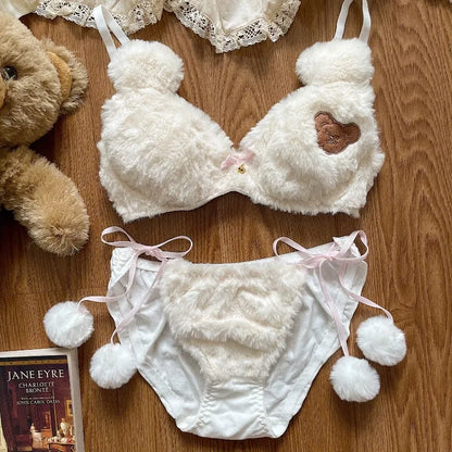 Cute Bear Underwear Winter Plush Cartoon Comfortable Bra & Brief Sets Women's Intimates Thermal Bra Gathers Sleepwear Lingerie