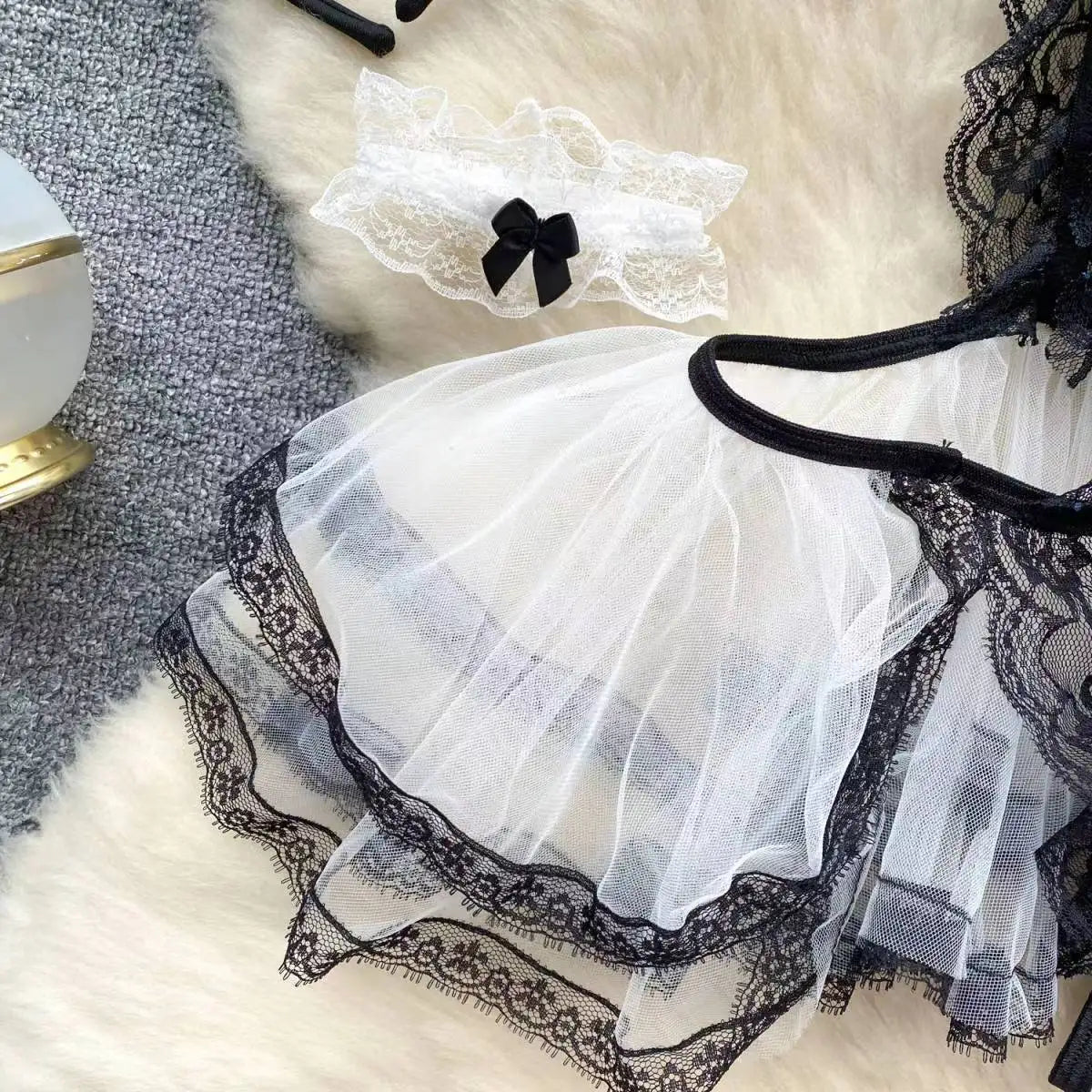 Lolita Strap Bodysuit With Cross Lace Up Hollow Patchwork Playsuit Double-Layer Sheer Mesh Sweet Women's Pajamas Sexy Lingerie