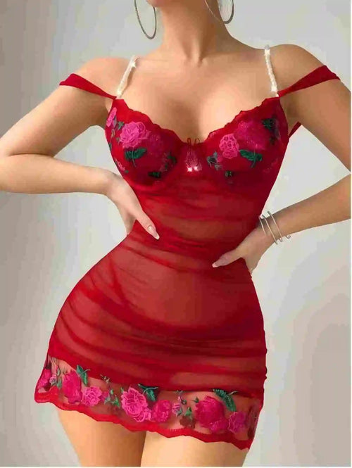 Sexy Red Mesh Chemise Floral Embroidery Babydoll - Hot Lingerie for Women Valentines Day Gift Idea