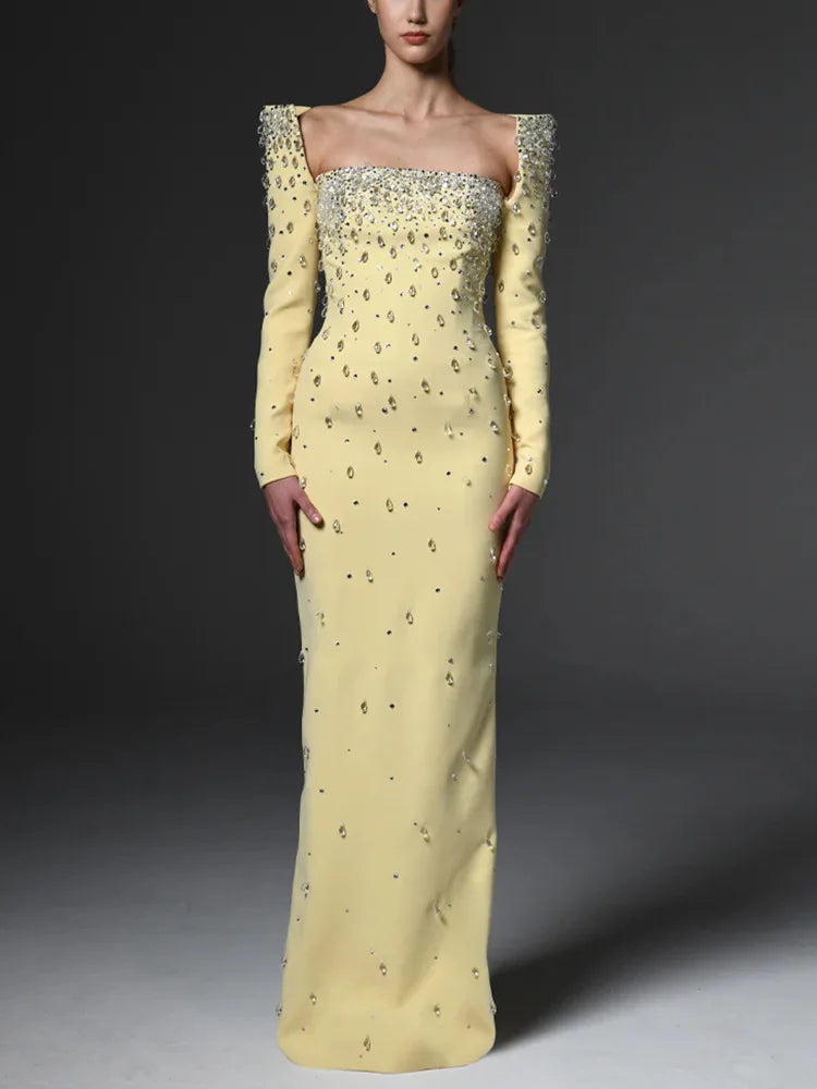 HIGH QUALITY Newest Fashion 2025 Designer Vestido Women's Square Collar Beading Diamonds Long Sleeve Maxi Dress