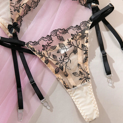SINGREINY Floral Embroidery Underwear 3pcs Suits 2025 Female Strap Sheer Bra+Sheer Thongs Spliced Mesh Sexy Club Lingerie Sets