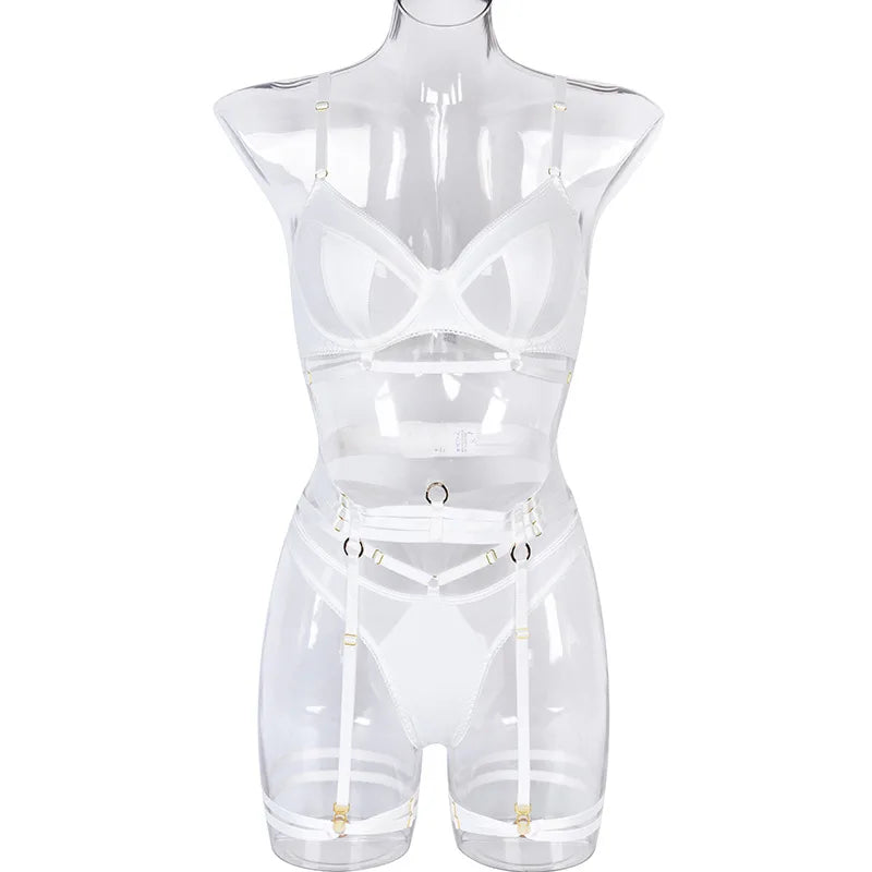 Yimunancy 3-Piece Black Bra Set Women Patchwork See Through Mesh Lingerie Set Ladies Sexy Panty Underwear Set