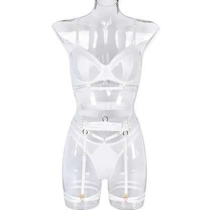 Yimunancy 3-Piece Black Bra Set Women Patchwork See Through Mesh Lingerie Set Ladies Sexy Panty Underwear Set