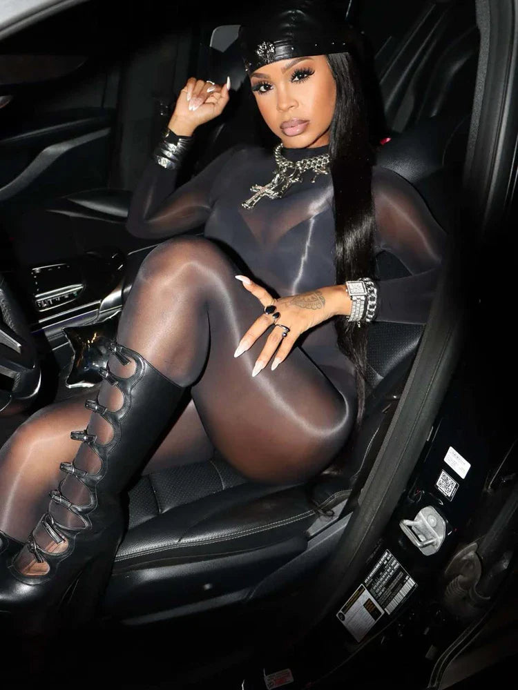 Tight Bodysuit Woman Jumpsuits Long Sleeve Sexybodysuit One Piece Sheer See Through Full Body Sexy Baddies Midinight Catsuit