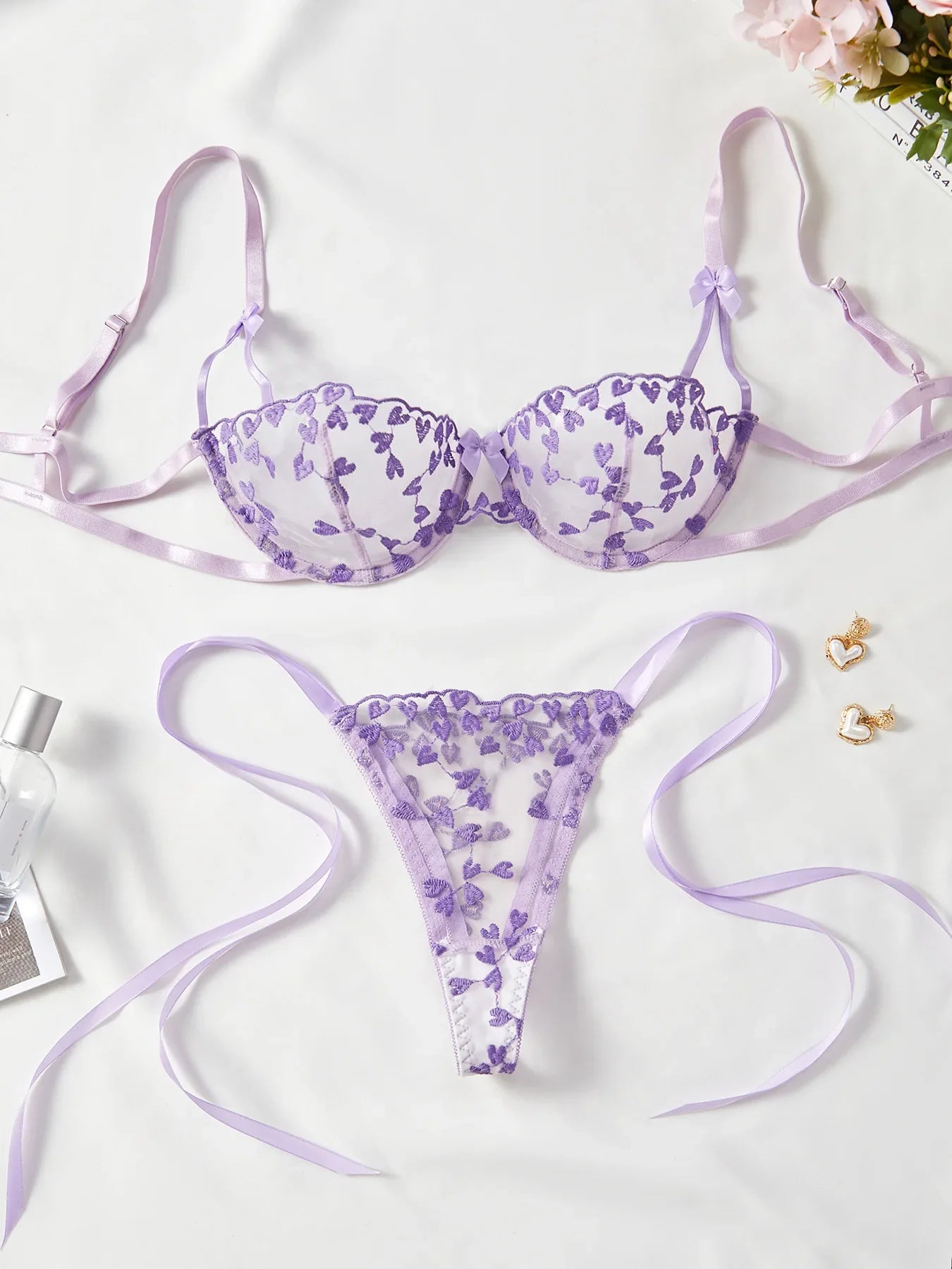 Exotic Fantasy Lingerie Underwire Bra Strap Panties 2Piece Sheer Mesh Embroidery Underwear for Women