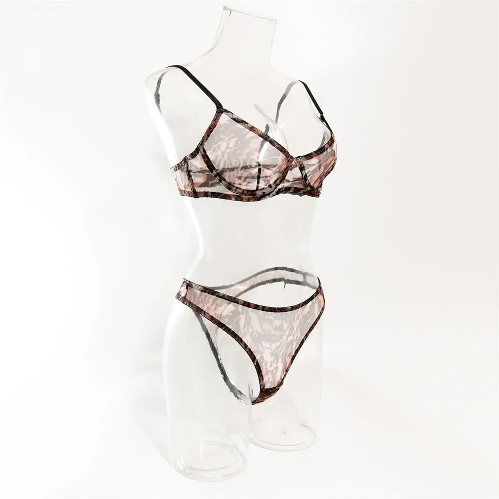 Krasapt Sexy Leopard Printing Lingerie 2Pcs Sets Ultrathin Mesh Transparent Bras And Panties Comfortable Intimate Undwear Set