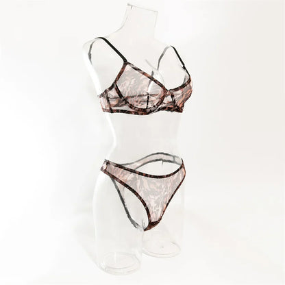 Krasapt Sexy Leopard Printing Lingerie 2Pcs Sets Ultrathin Mesh Transparent Bras And Panties Comfortable Intimate Undwear Set
