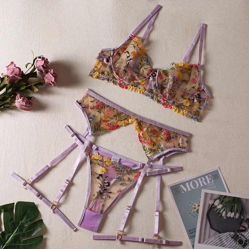 Sexy Women's Lace Lingerie 3Pcs Sets Fancy Flowers Embroidery Transparent Bras And Thongs Underwear Set Erotic Intimate Suits ﻿