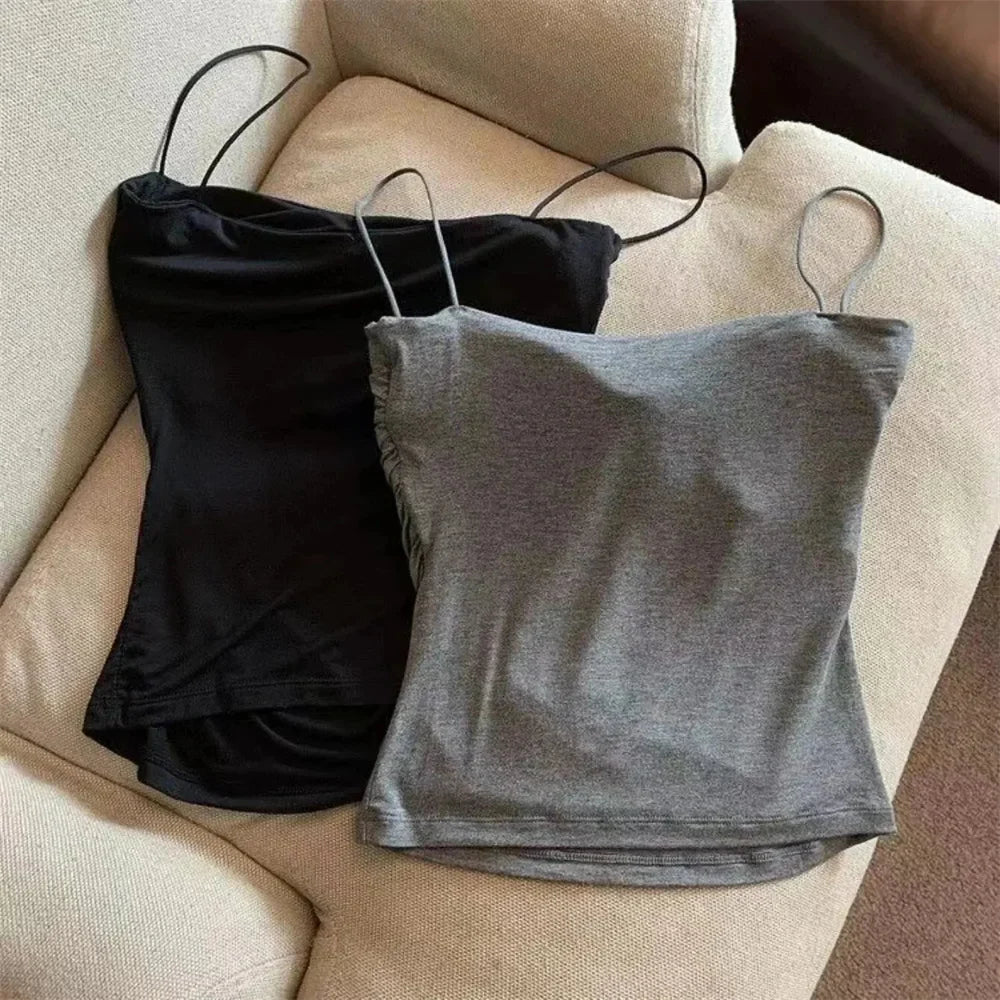 1 Pc Stylish Waist Pleated Corset - Soft support fixed chest pad sleeveless vest Sexy short top with thin straps Solid color