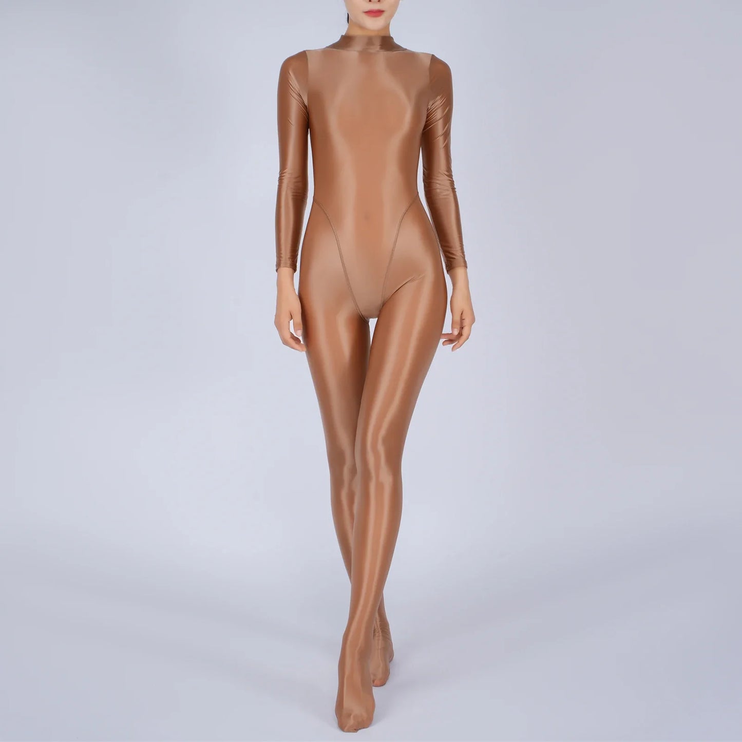 Womens Glossy Full Body Jumpsuit See Through Sheer Catsuits Bodystockings Long Sleeve Footed One Piece Gym Yoga Tights Bodysuit