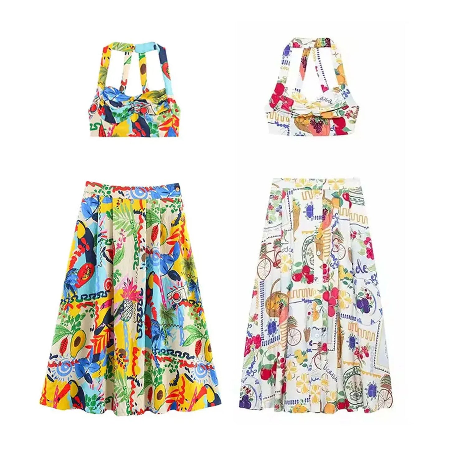 HH Women 2 Piece Set Sexy Sleeveless Backless Print Buttons Mini Sling Top+Elegant High Waist Buttons Beach Midi Skirt