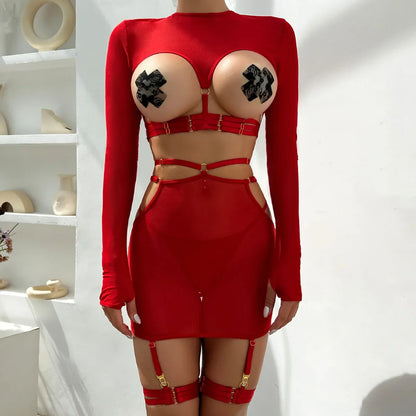 Diccvicc Long Sleeve Lingerie Sexy Sheer Mesh Porn Top Crotchless Skirt Naked Bandage Women Underwear Uncensored Erotic Costume