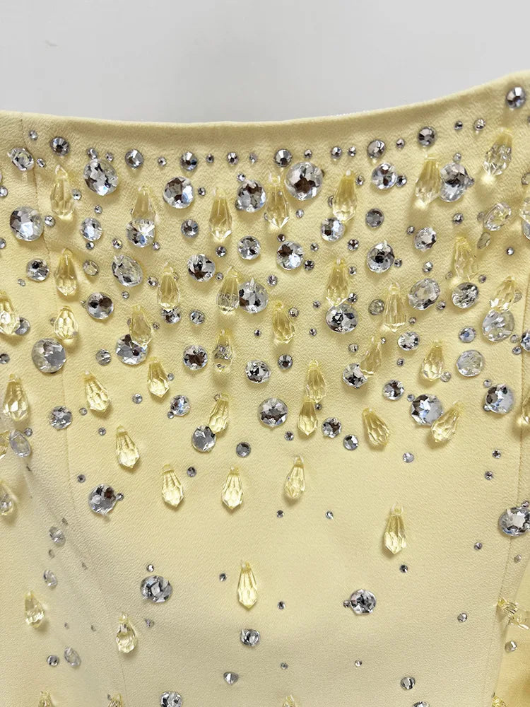 HIGH QUALITY Newest Fashion 2025 Designer Vestido Women's Square Collar Beading Diamonds Long Sleeve Maxi Dress